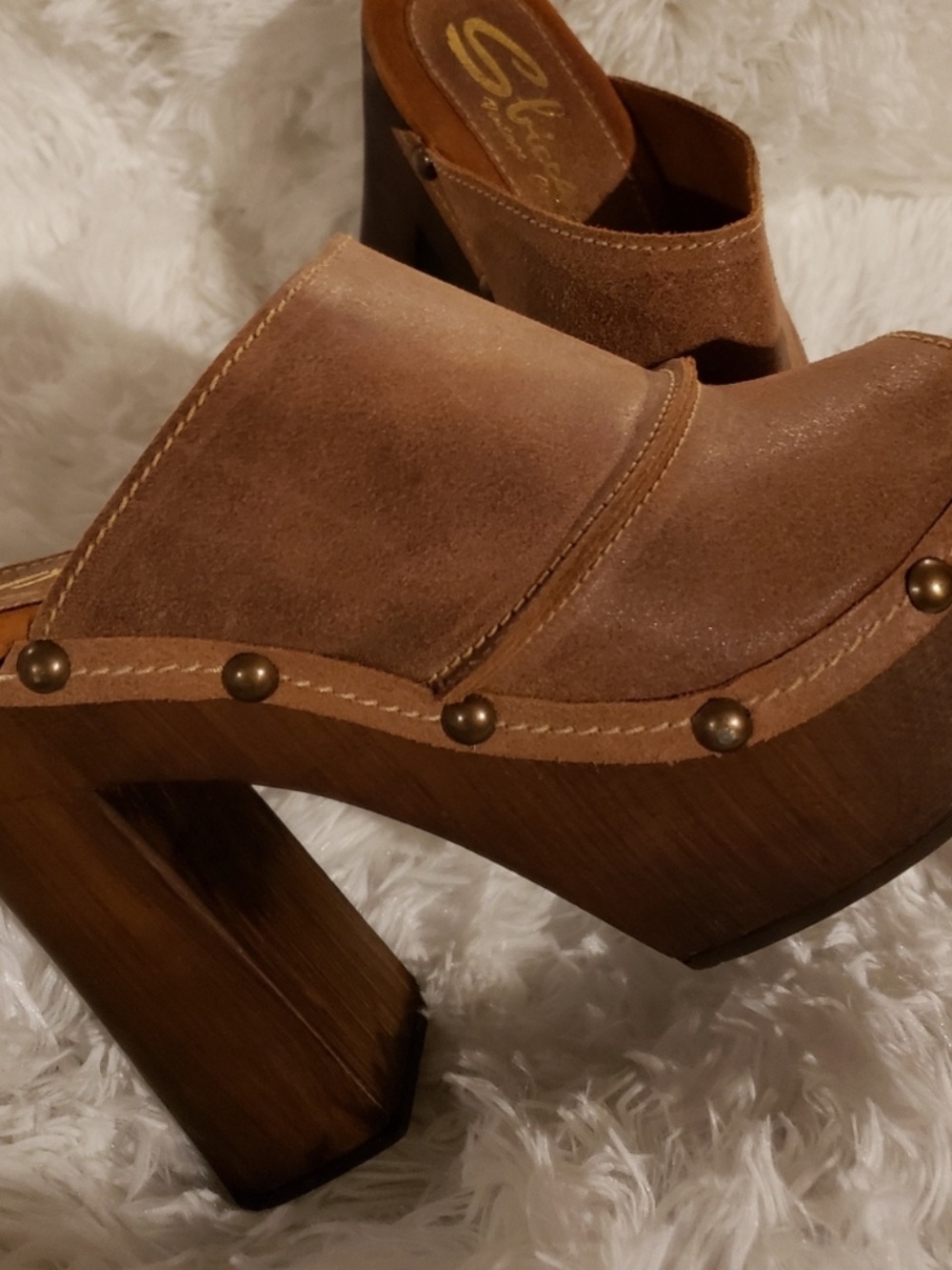 Sbicca Brown Leather Studded Open Toe Wooden Platform Clog Mules EUC 9.5-10